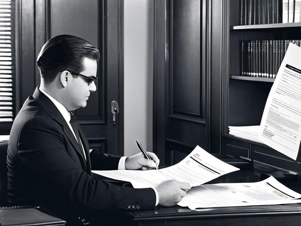 Сотрудник банка рассматривает документы по заявке на получение кредита за столом
