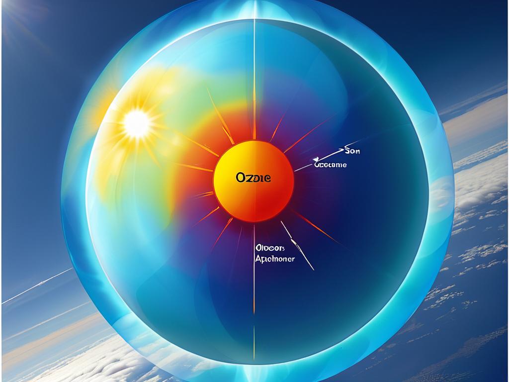 Схема, показывающая озоновый слой в верхних слоях атмосферы, поглощающий ультрафиолетовое излучение