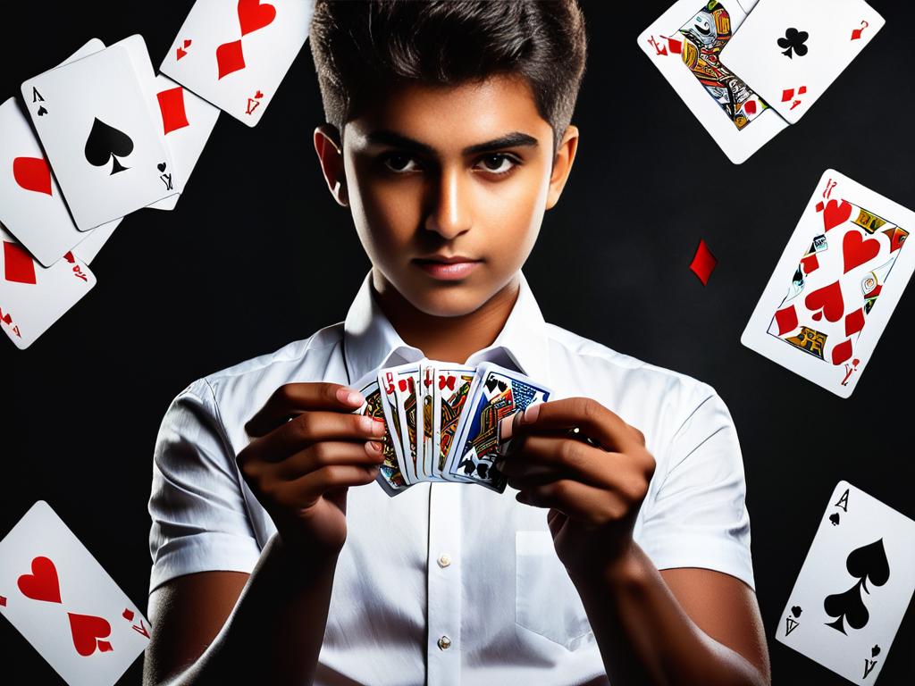 Молодой Амаяк Акопян в белой рубашке держит игральные карты в руках на темном фоне