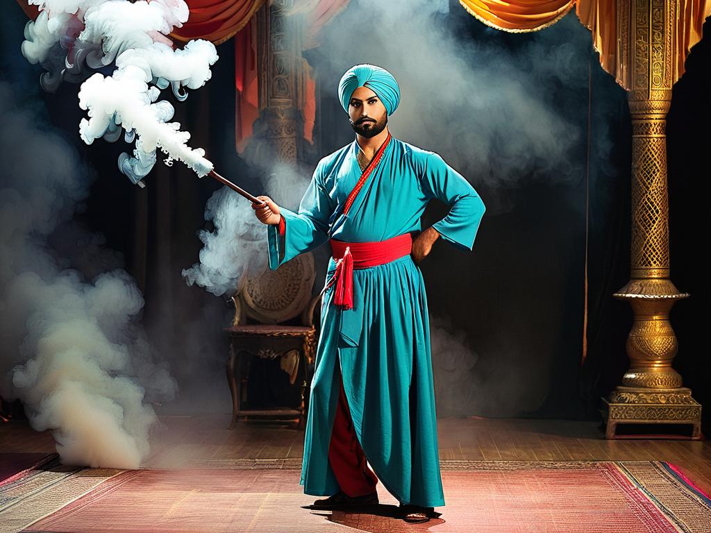 Амаяк Акопян в костюме с тюрбаном стоит на сцене в дыму с волшебной палочкой в руке