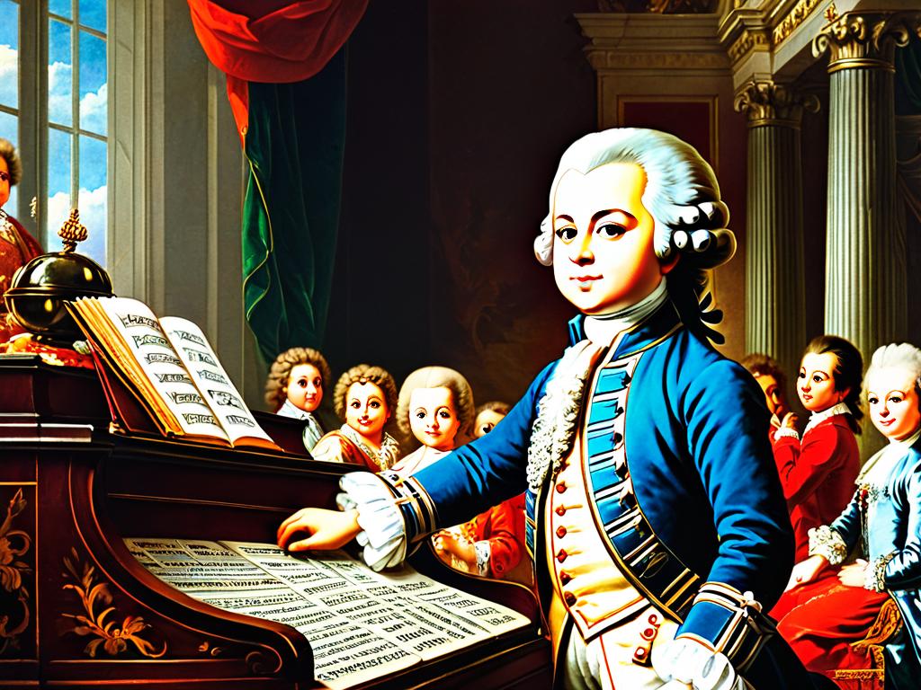 Картина 18 века, изображающая семилетнего Вольфганга Моцарта, играющего при дворе императрицы Марии