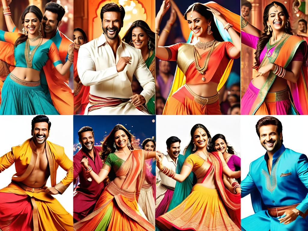 Коллаж 15 актеров Болливуда в традиционных индийских костюмах, танцующих и радостно улыбающихся