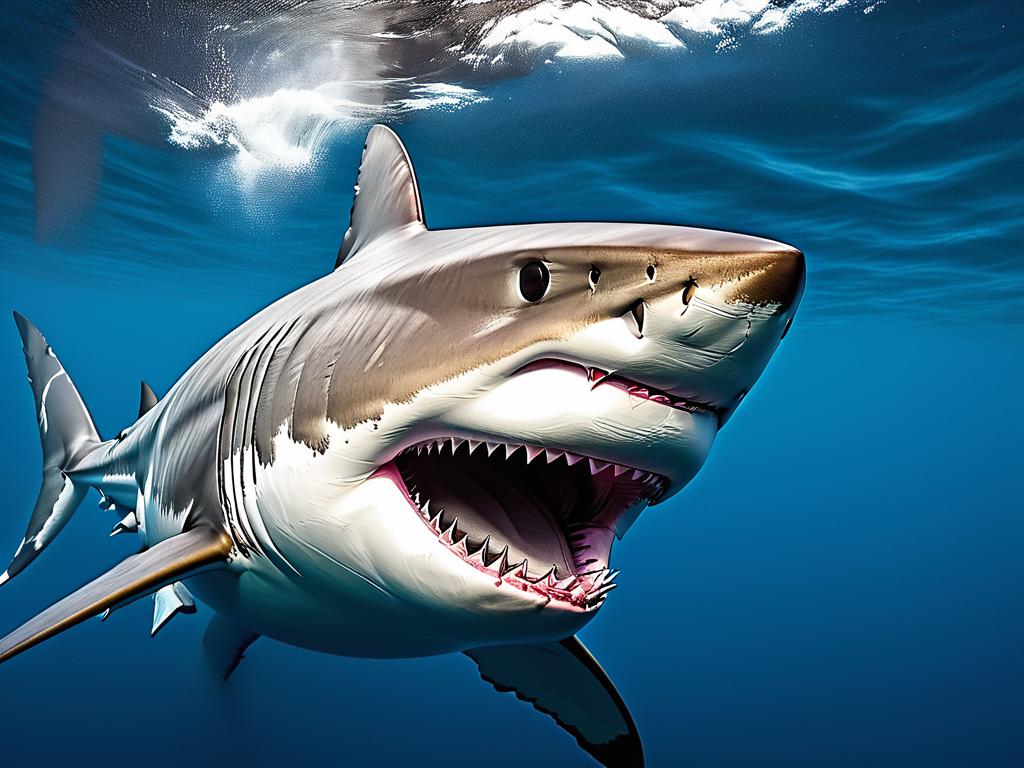 Белая акула плывет, демонстрируя мощное мускулистое тело