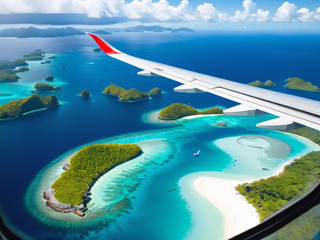 Туристы в самолете смотрят в иллюминатор на пролетающие под ними острова и пляжи