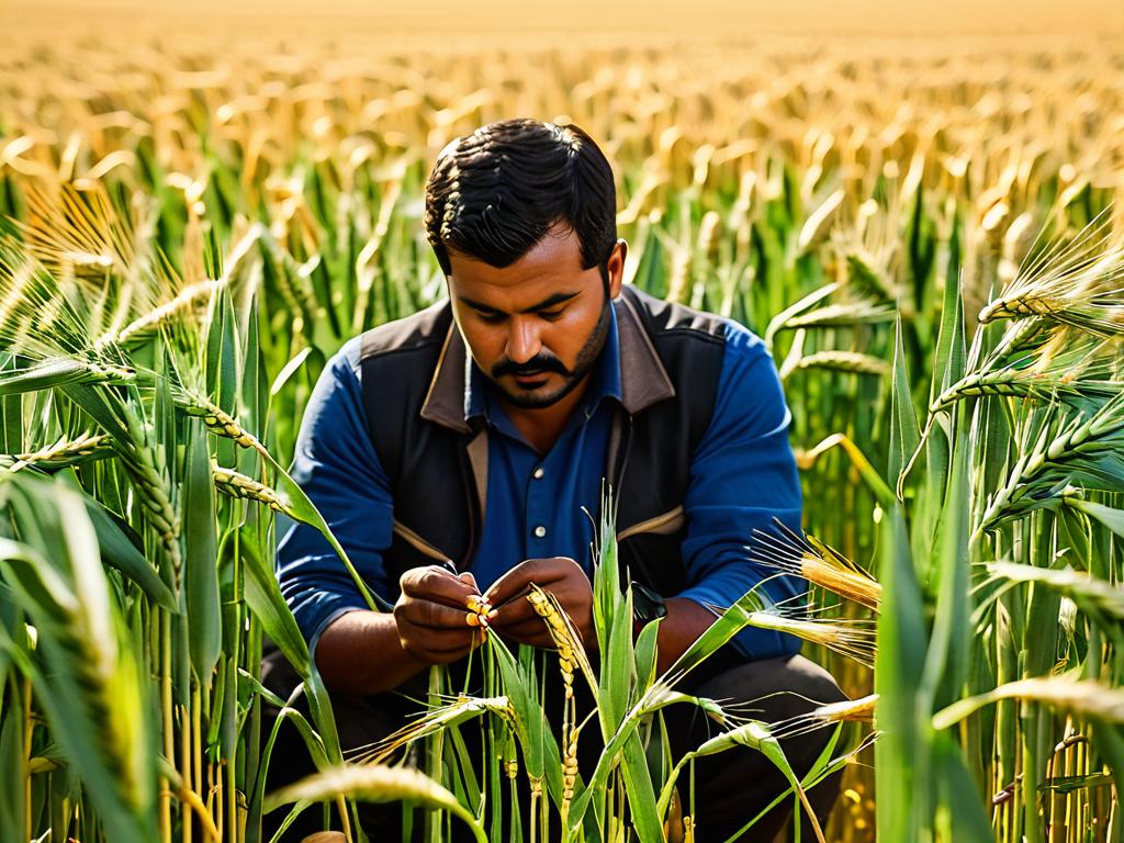 Работник на поле, изучающий стебли пшеницы