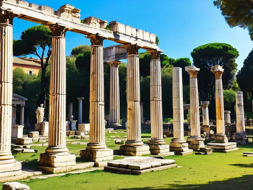 Античные римские руины, колонны и статуи в парке