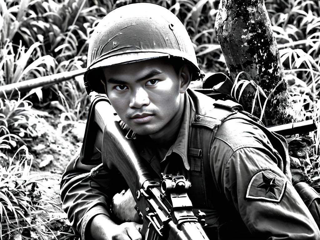 Черно-белое фото солдата во Вьетнаме с АК-47