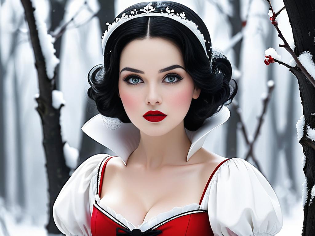 Белоснежка одета в красное, белое и черное, представляя желание матери - кожа белая, как снег, губы