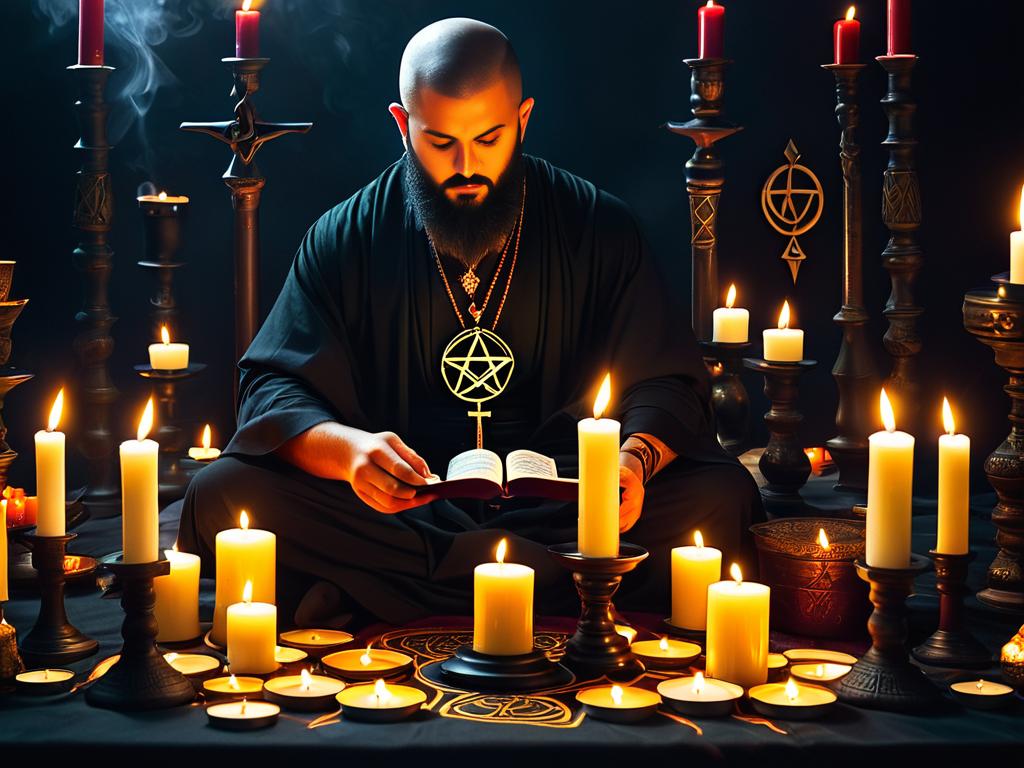 Адепт проводит ритуал со свечами и оккультными символами, демонстрируя свои глубокие познания в
