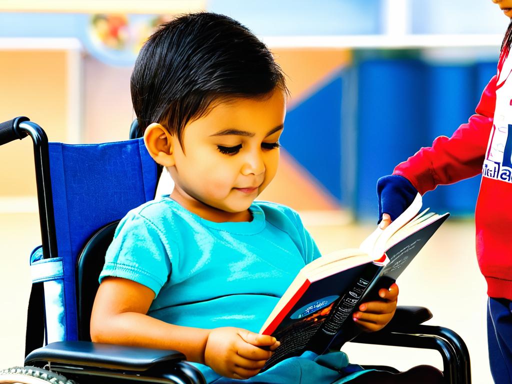 Ребенок-инвалид читает книгу