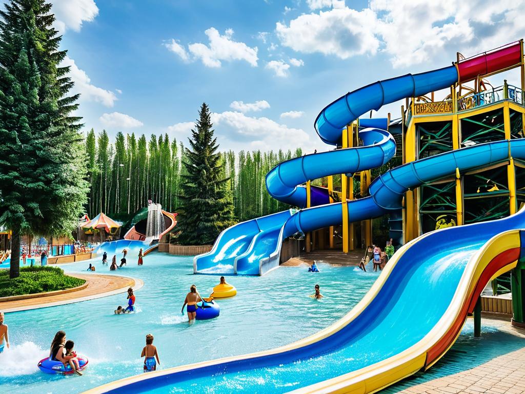 Аквапарк Ривьера в Казани. Много горок и развлечений, включая детские зоны, волновой бассейн, зоны