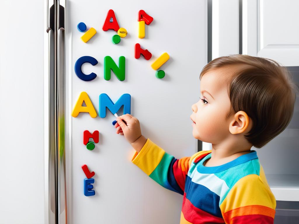 Дошкольник играет с магнитными буквами на холодильнике, выкладывая свое имя