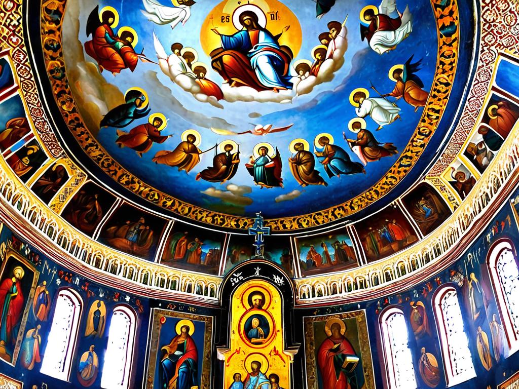 Стены и потолок православного храма, расписанные ликами святых и религиозными сценами