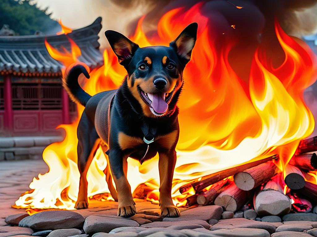 Фото Собаки в огне, иллюстрирующее огненную энергетику года Огненной Собаки