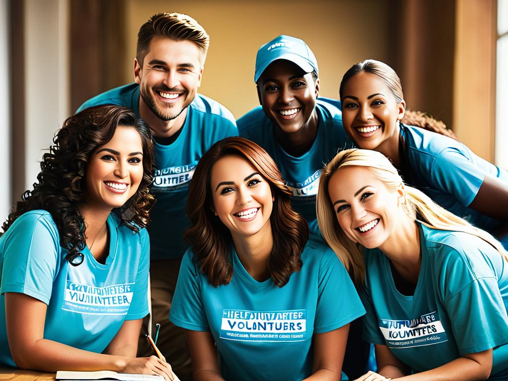 Фото группы добровольцев, работающих вместе и улыбающихся