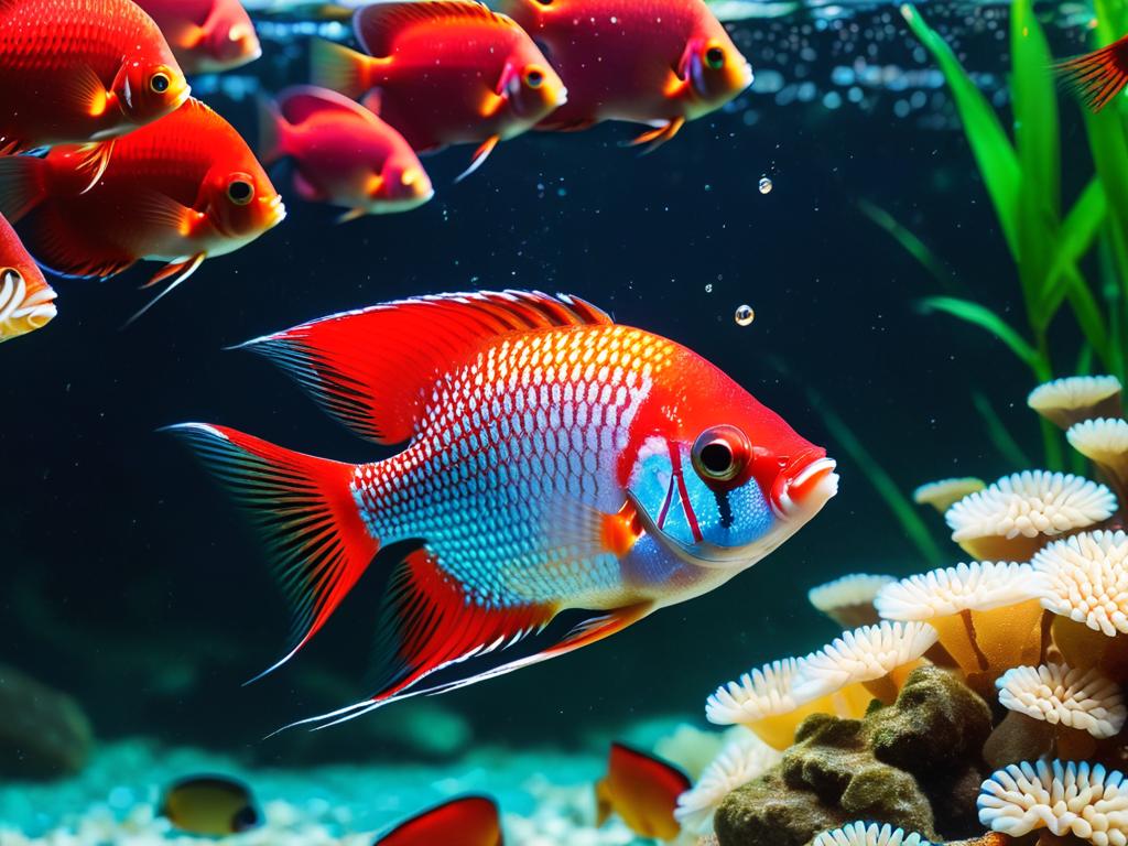 Крупный план красной карликовой рыбки-гурами, поедающей хлопья для тропических рыб на поверхности