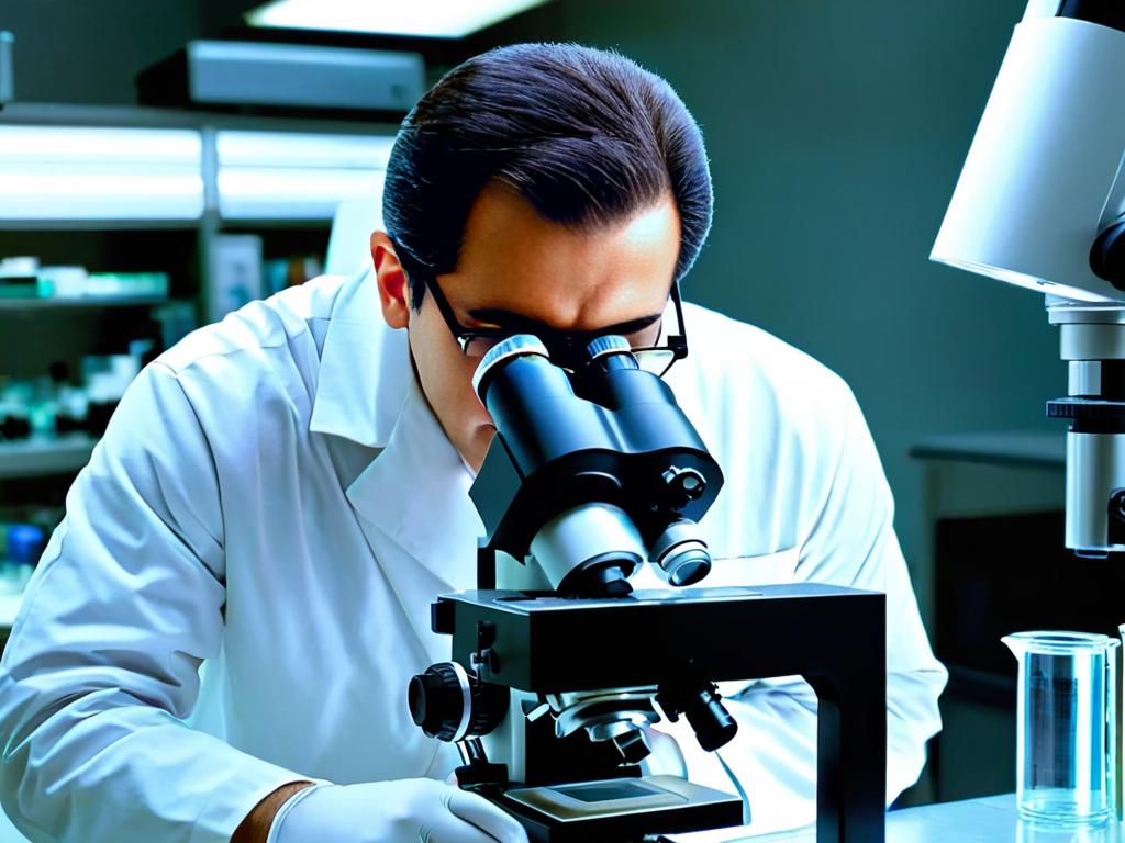 Ученый использует микроскоп в лаборатории
