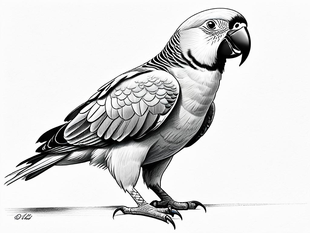 Набросок попугая карандашом. Базовые формы - круглая голова, овальное тело, хвост и лапки. Это