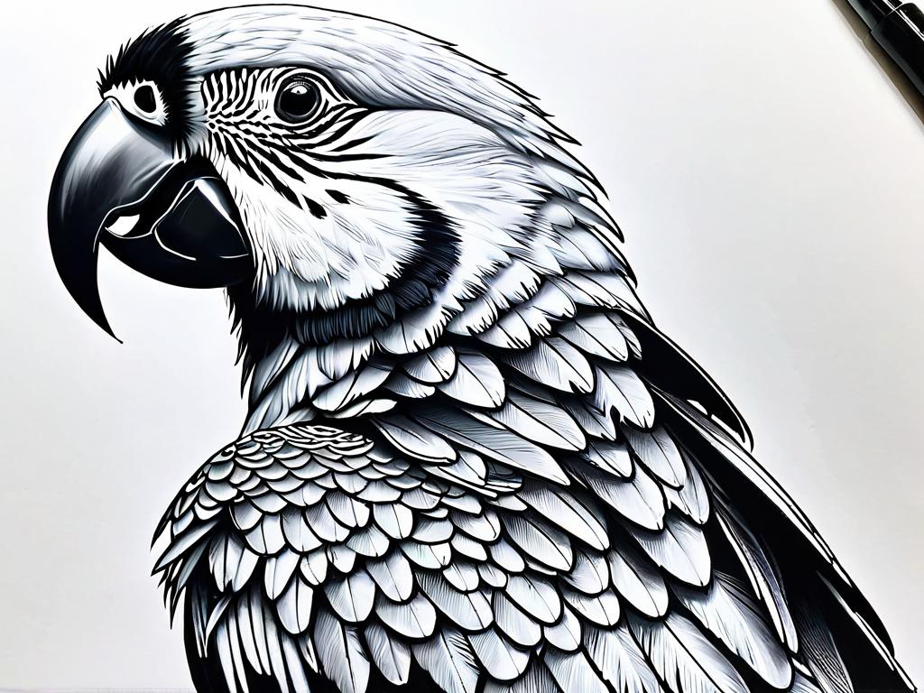 Заключительный этап рисования попугая - добавление мелких деталей черным маркером. Узор оперения
