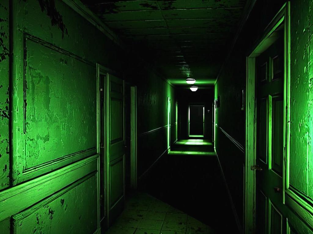 Скриншот из игры Outlast, показывающий жуткий коридор лечебницы, освещенный ночным видением