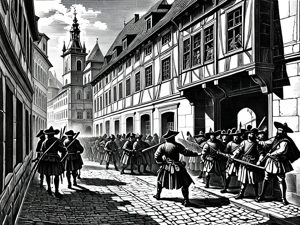 Гравюра, изображающая Пражскую дефенестрацию 1618 года, которая спровоцировала начало