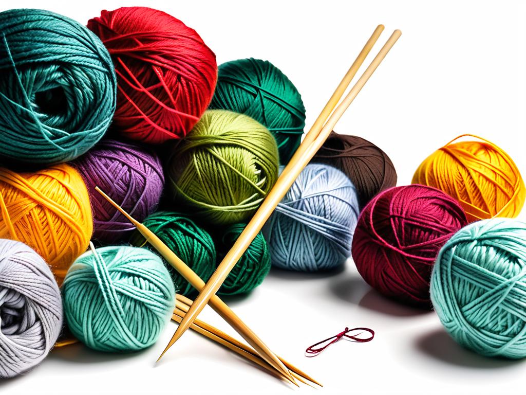 Разноцветная пряжа для вязания в клубках рядом с бамбуковыми спицами на белом фоне