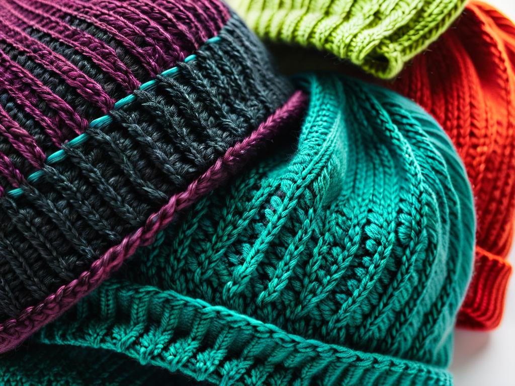 Вид сбоку трех разноцветных вязаных шапок