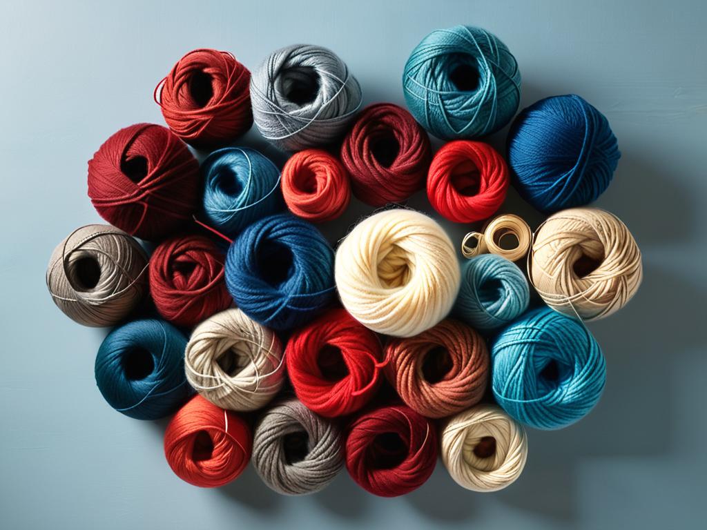 Различные виды пряжи для вязания красного, синего и бежевого цветов