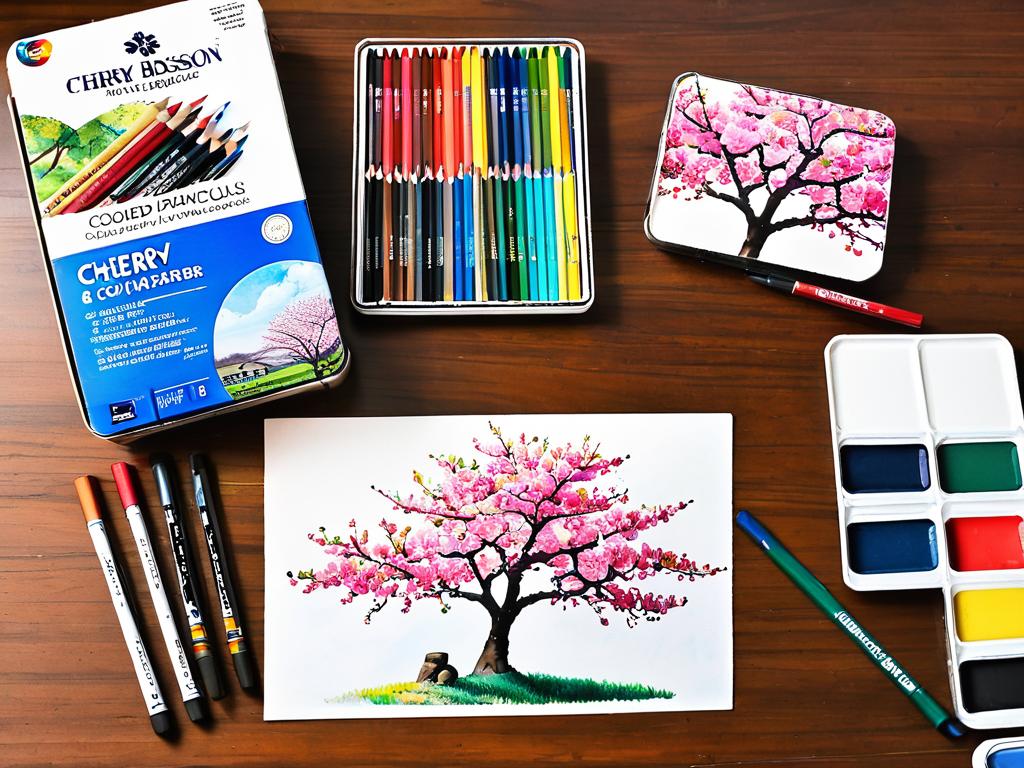 Набор карандашей, акварельных красок и маркеров для рисования на столе