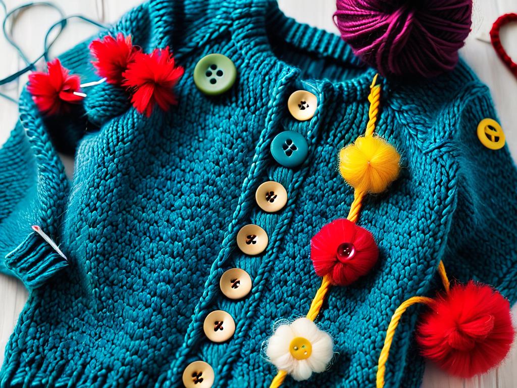 Крупный план готового связанного свитера для игрушки, украшенного пуговицами и помпонами, рядом с
