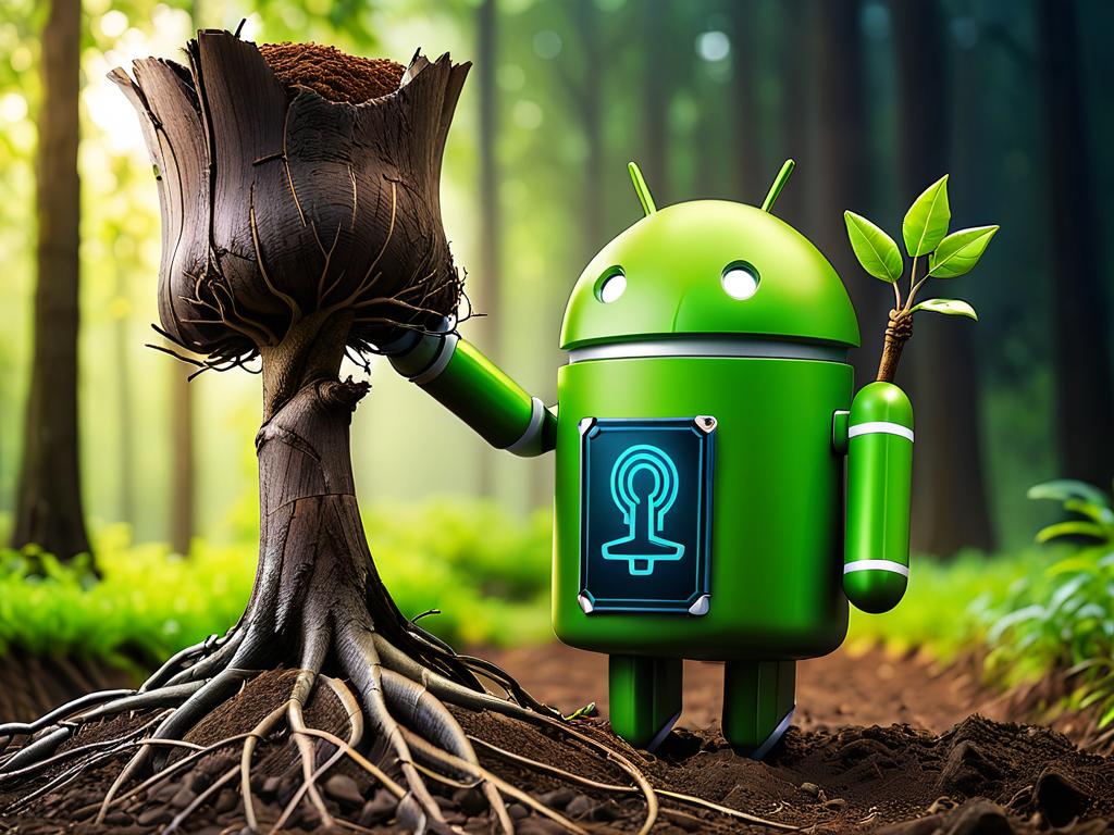 Символ рута в руках у робота Android, олицетворяющего получение root-доступа на устройствах