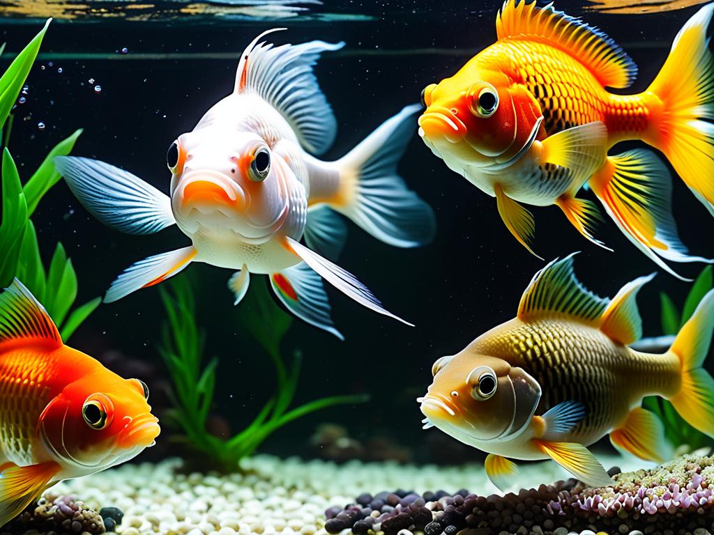 На фото золотая рыбка и сомик-коридорас спокойно отдыхают на дне аквариума, демонстрируя их