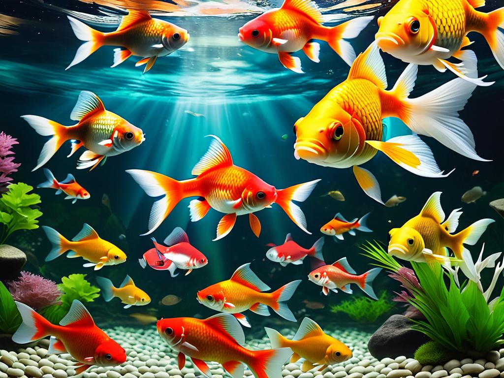 На фотографии золотые рыбки плавают с другими представителями семейства Карповые в одном аквариуме,