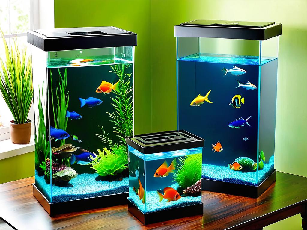 Прямоугольный и круглый маленькие 20-литровые аквариумы с рыбками на столе