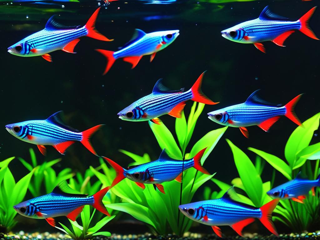 Стая неоновых рыбок в аквариуме, демонстрирующая их яркие голубые полоски