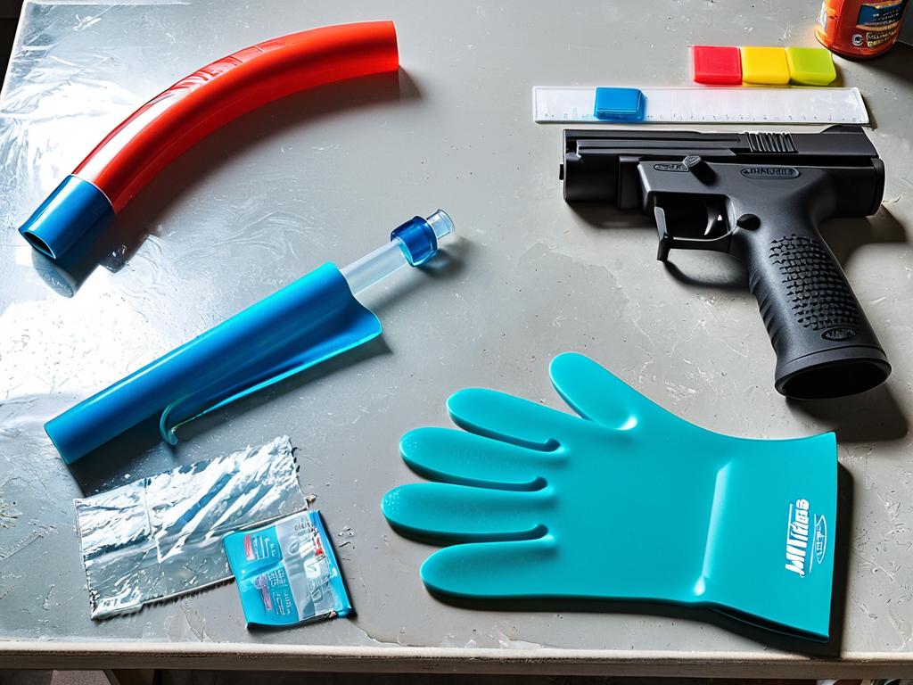 Аквариумный силикон, силиконовый пистолет, перчатки, рулетка, маркер и стеклорез проложеные на