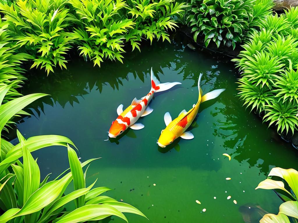 Карась поедает водоросли возле водных растений в пруду