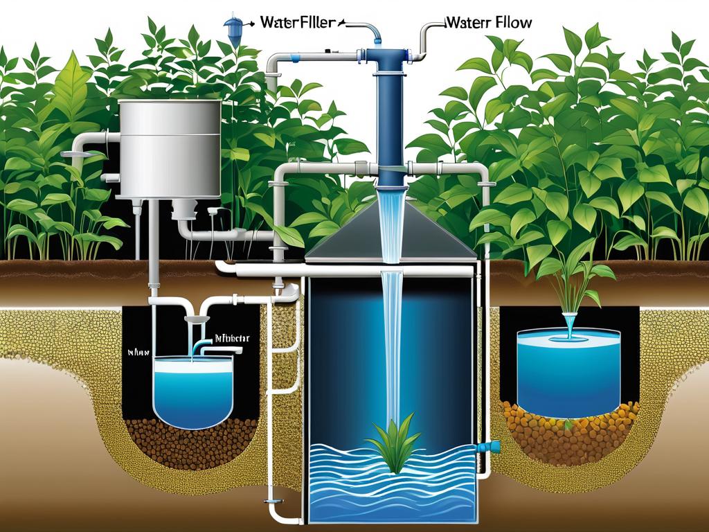 Схема устройства фитофильтра с потоком воды и растениями