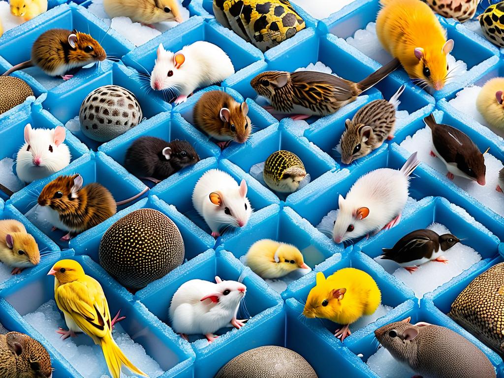 Разнообразные замороженные мыши, крысы, цыплята, перепела, кролики и рыба для кормления змей