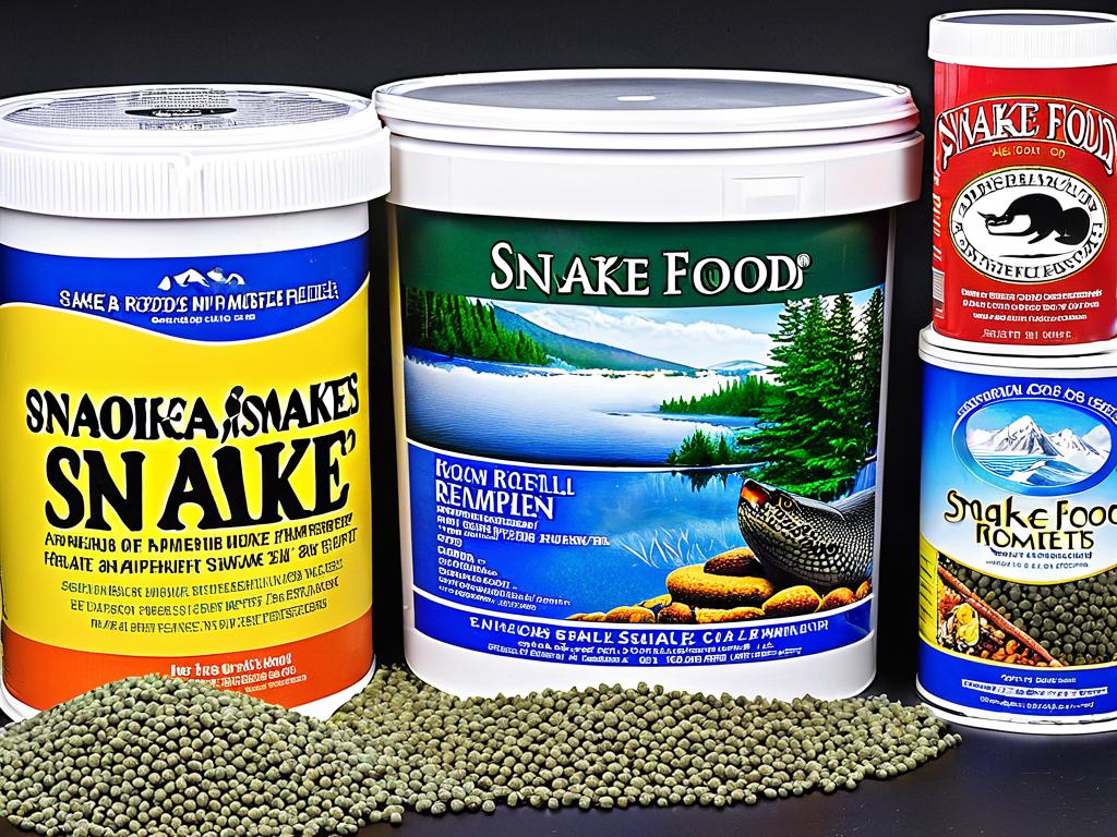 Разнообразные пакеты и банки коммерческих кормов для змей, включая замороженных грызунов, гранулы и