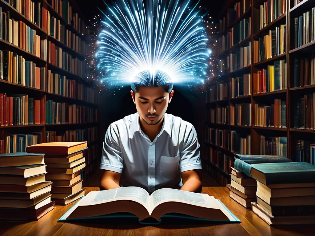 Человек читает книги, от его головы исходит свет - символ обретения мудрости и знаний