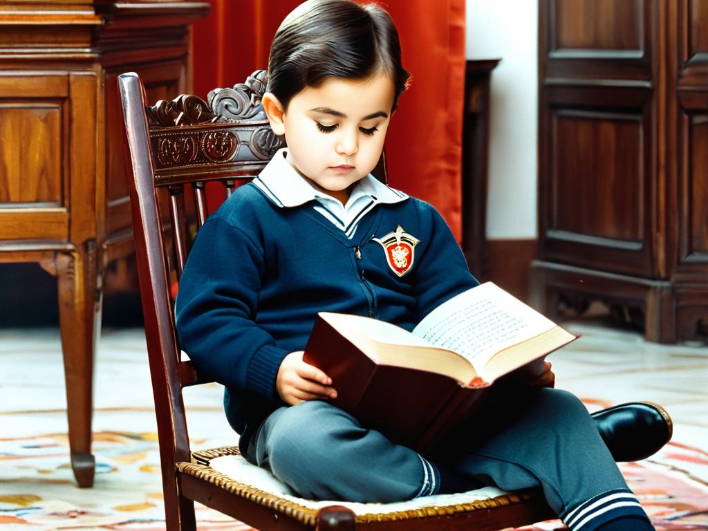 Детское фото Юрия Коваля, сидящего на стуле и внимательно читающего книгу