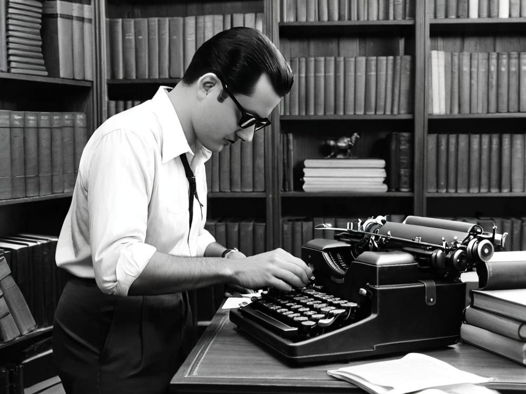 Юрий Коваль печатает на пишущей машинке, сосредоточенно работая над текстом. На заднем фоне видны