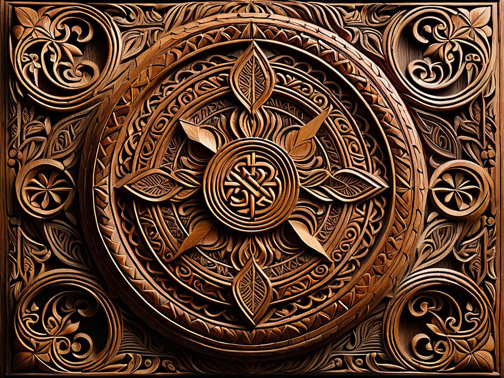 славянские деревянные резные украшения и вышивка с языческими символами и орнаментами