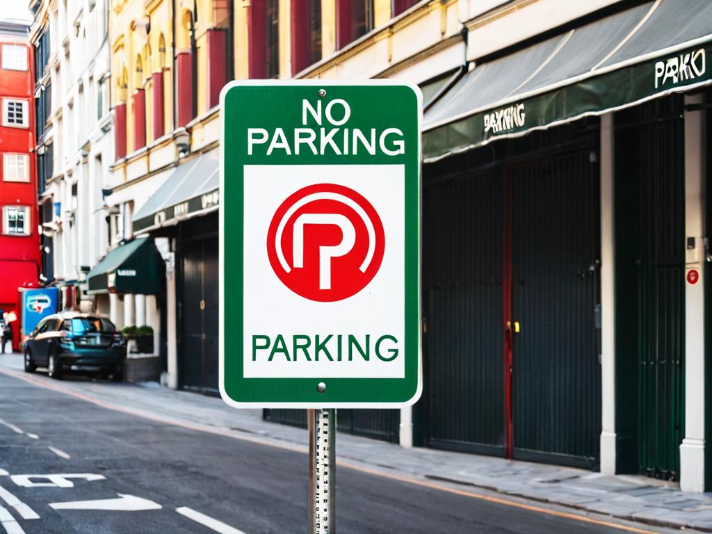 Знак парковки с запрещающим символом на городской улице. Описывает правила парковки.
