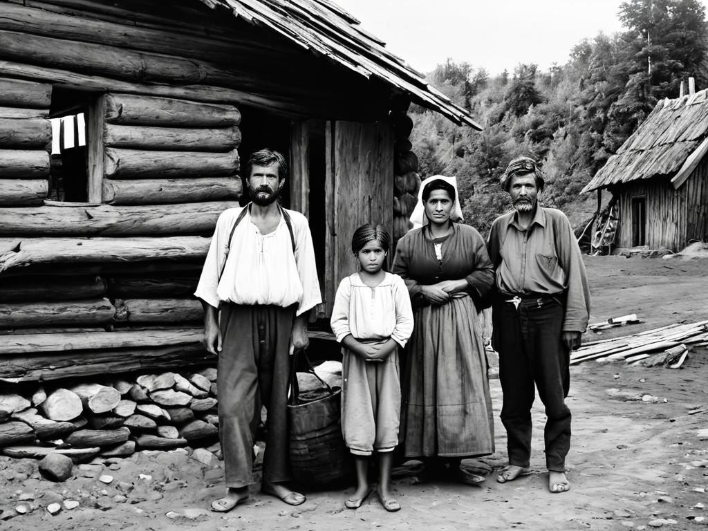 Черно-белая фотография бедной крестьянской семьи у ветхого дома