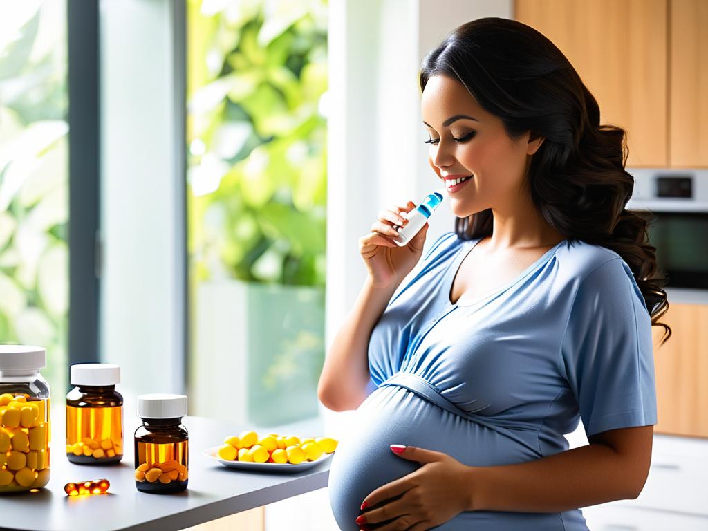 Беременная женщина принимает витаминный комплекс