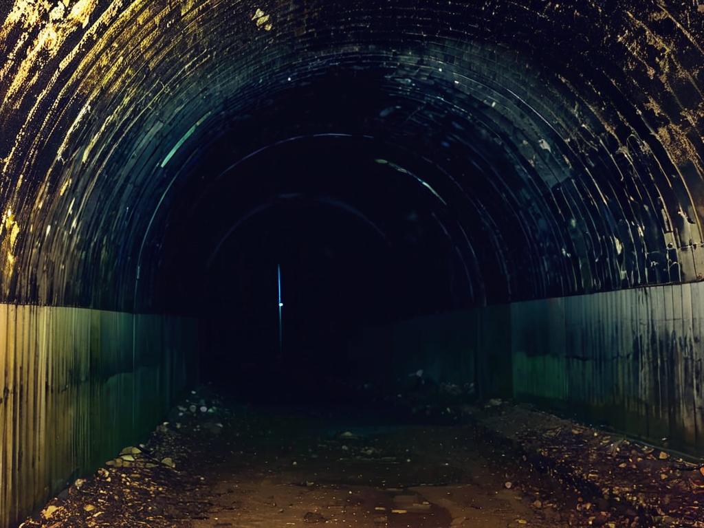 Фотография изнутри заброшенного подземного тоннеля, ведущего в темноту