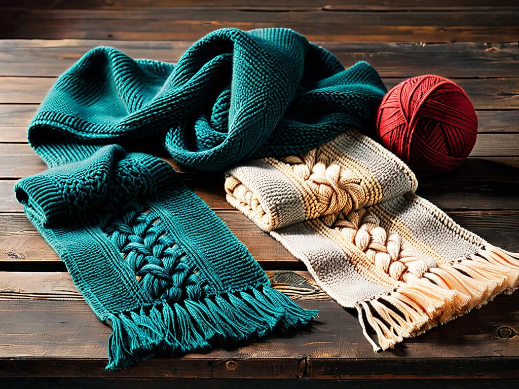 Старинные вязаные шарфы лежат на деревянном столе с клубком пряжи