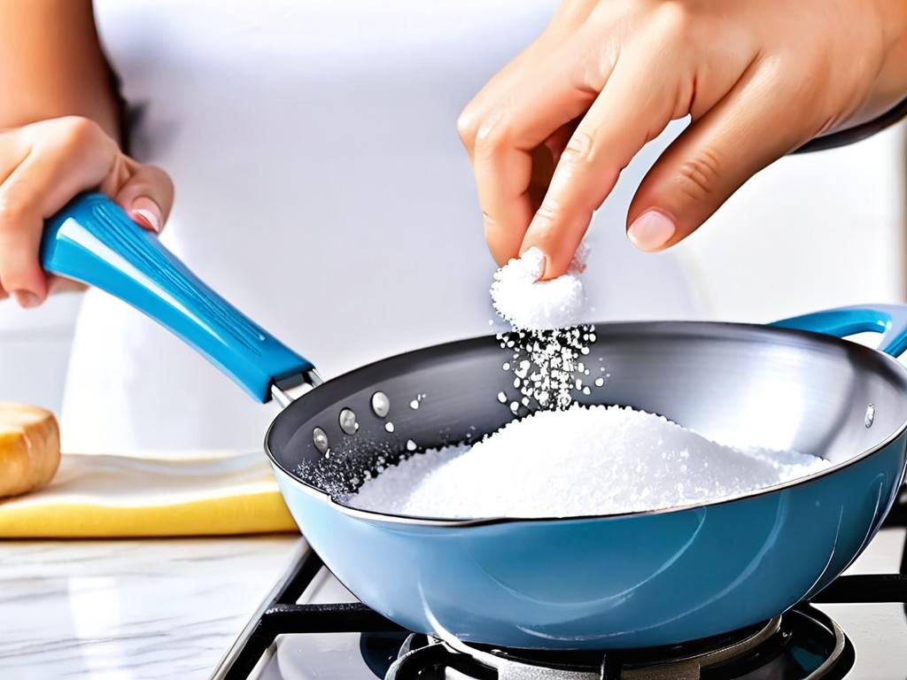 Девушка добавляет щепотку соли во время готовки
